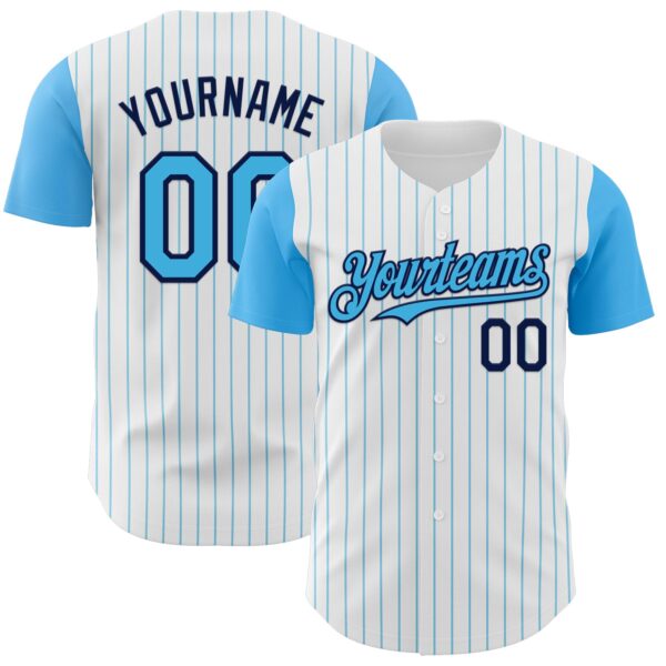 Custom White Sky Blue Pinstripe Navy Authentic Two Tone Baseball Jersey
