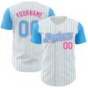 Custom White Sky Blue Pinstripe Pink Authentic Two Tone Baseball Jersey