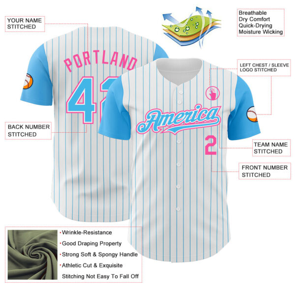 Custom White Sky Blue Pinstripe Pink Authentic Two Tone Baseball Jersey