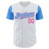 Custom White Electric Blue Pinstripe Pink Authentic Two Tone Baseball Jersey