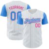 Custom White Electric Blue Pinstripe Pink Authentic Two Tone Baseball Jersey