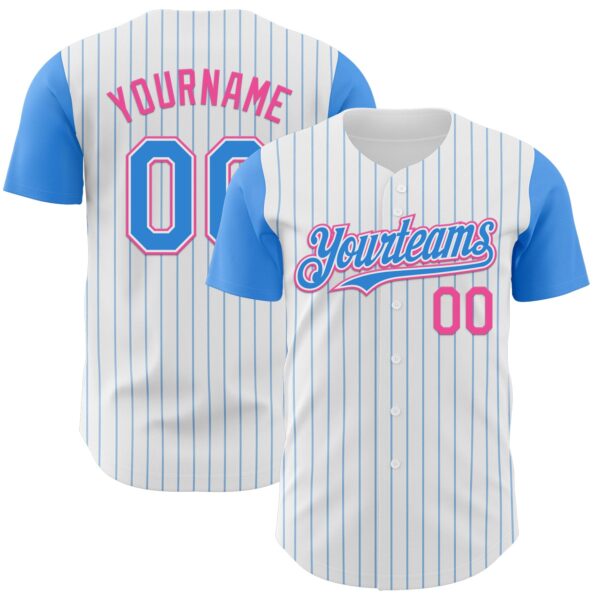 Custom White Electric Blue Pinstripe Pink Authentic Two Tone Baseball Jersey