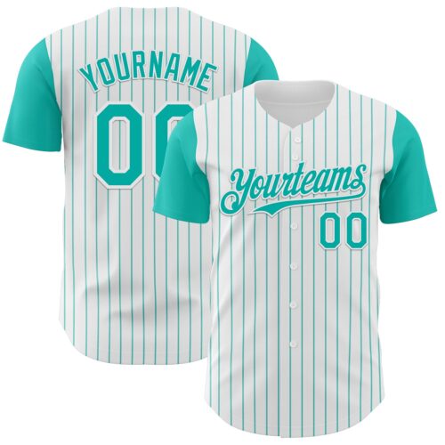 Custom White Aqua Pinstripe Aqua Authentic Two Tone Baseball Jersey