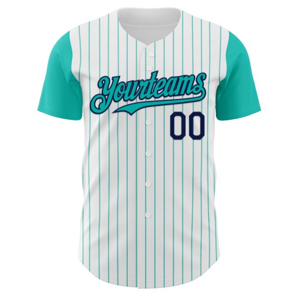 Custom White Aqua Pinstripe Navy Authentic Two Tone Baseball Jersey