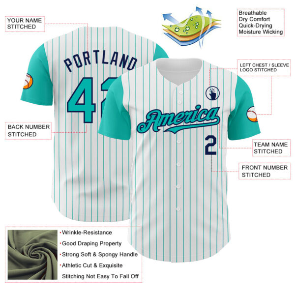 Custom White Aqua Pinstripe Navy Authentic Two Tone Baseball Jersey