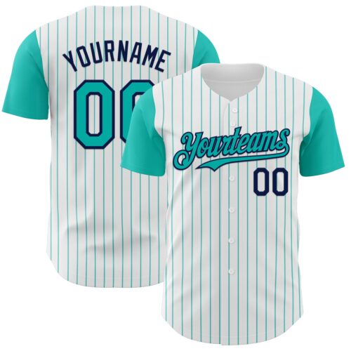 Custom White Aqua Pinstripe Navy Authentic Two Tone Baseball Jersey