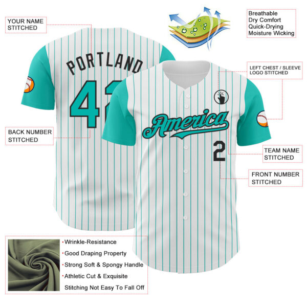 Custom White Aqua Pinstripe Black Authentic Two Tone Baseball Jersey