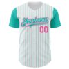 Custom White Aqua Pinstripe Pink Authentic Two Tone Baseball Jersey