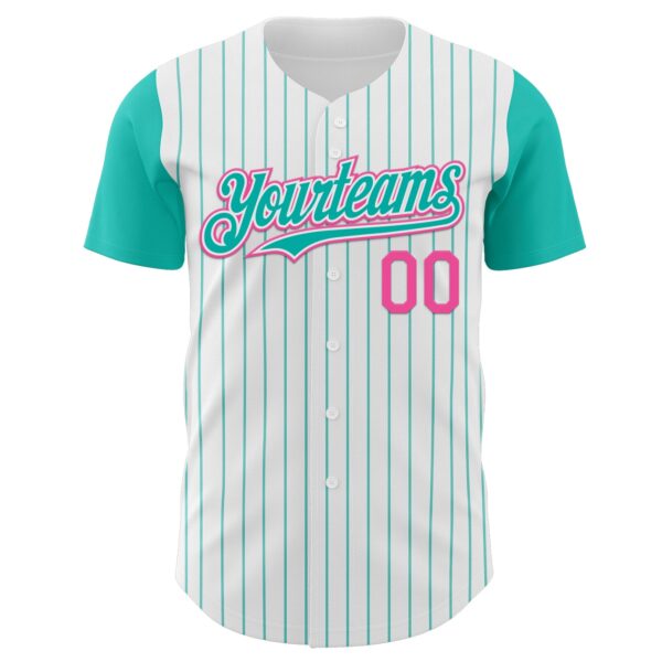 Custom White Aqua Pinstripe Pink Authentic Two Tone Baseball Jersey
