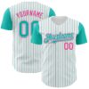Custom White Aqua Pinstripe Pink Authentic Two Tone Baseball Jersey