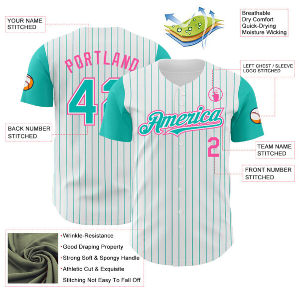 Custom White Aqua Pinstripe Pink Authentic Two Tone Baseball Jersey
