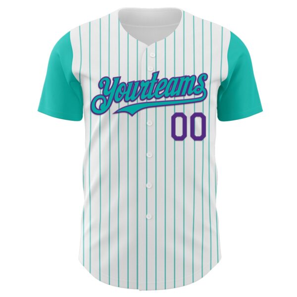 Custom White Aqua Pinstripe Purple Authentic Two Tone Baseball Jersey