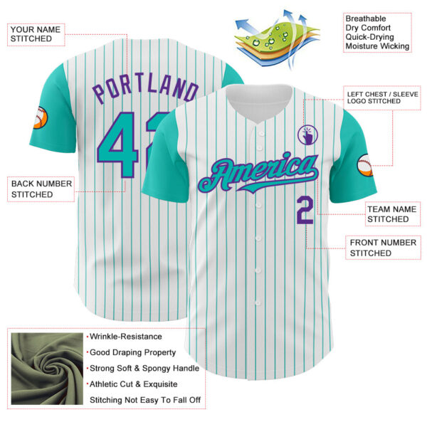 Custom White Aqua Pinstripe Purple Authentic Two Tone Baseball Jersey