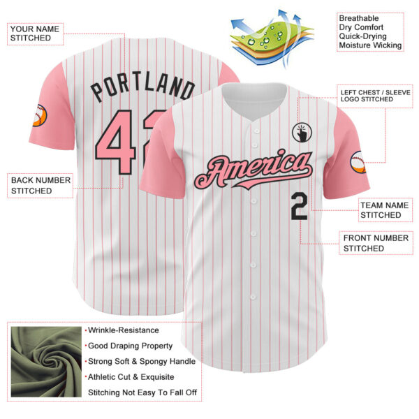 Custom White Medium Pink Pinstripe Black Authentic Two Tone Baseball Jersey