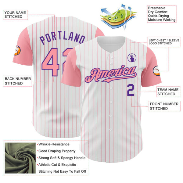 Custom White Medium Pink Pinstripe Purple Authentic Two Tone Baseball Jersey