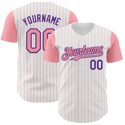 Custom White Medium Pink Pinstripe Purple Authentic Two Tone Baseball Jersey