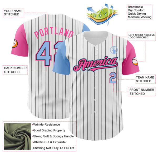 Custom White Black Pinstripe Light Blue-Pink Authentic Two Tone Baseball Jersey