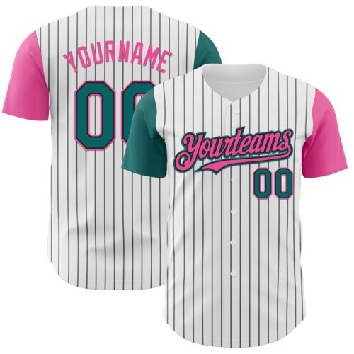 Custom White Black Pinstripe Teal-Pink Authentic Two Tone Baseball Jersey