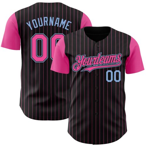 Custom Black Pink Pinstripe Light Blue Authentic Two Tone Baseball Jersey