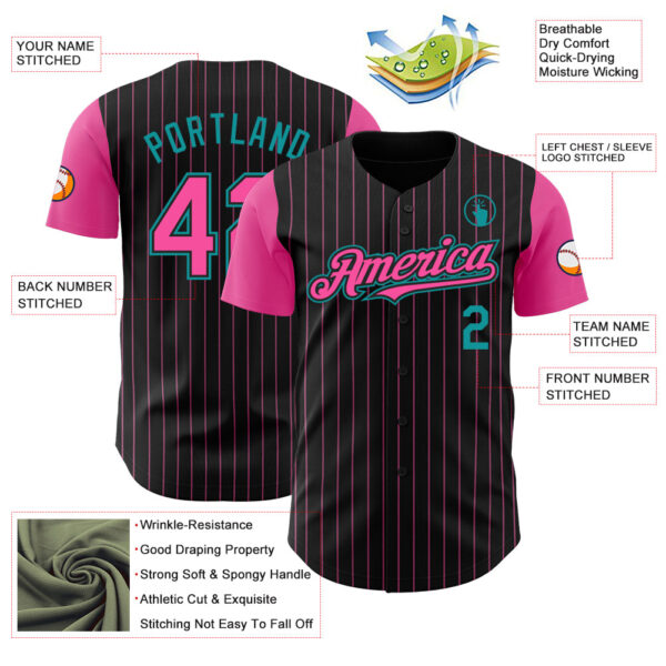 Custom Black Pink Pinstripe Teal Authentic Two Tone Baseball Jersey