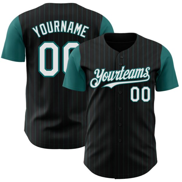 Custom Black Teal Pinstripe White Authentic Two Tone Baseball Jersey