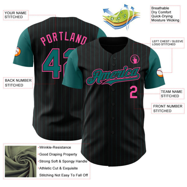 Custom Black Teal Pinstripe Pink Authentic Two Tone Baseball Jersey