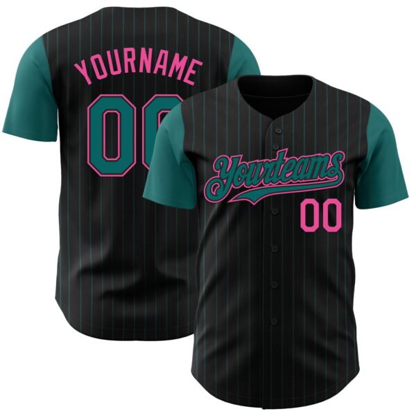 Custom Black Teal Pinstripe Pink Authentic Two Tone Baseball Jersey