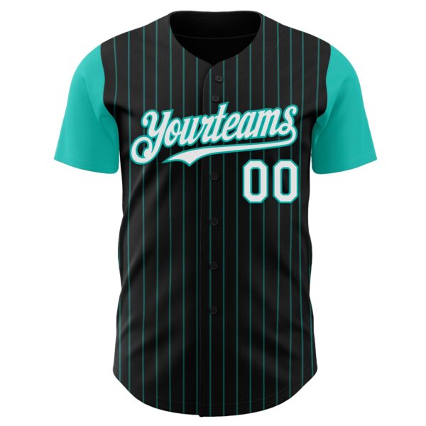 Custom Black Aqua Pinstripe White Authentic Two Tone Baseball Jersey