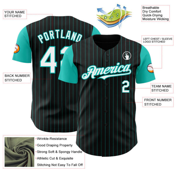 Custom Black Aqua Pinstripe White Authentic Two Tone Baseball Jersey