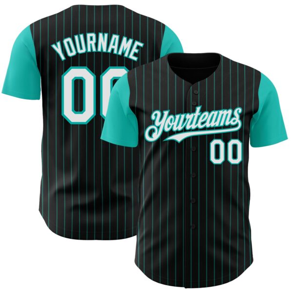 Custom Black Aqua Pinstripe White Authentic Two Tone Baseball Jersey