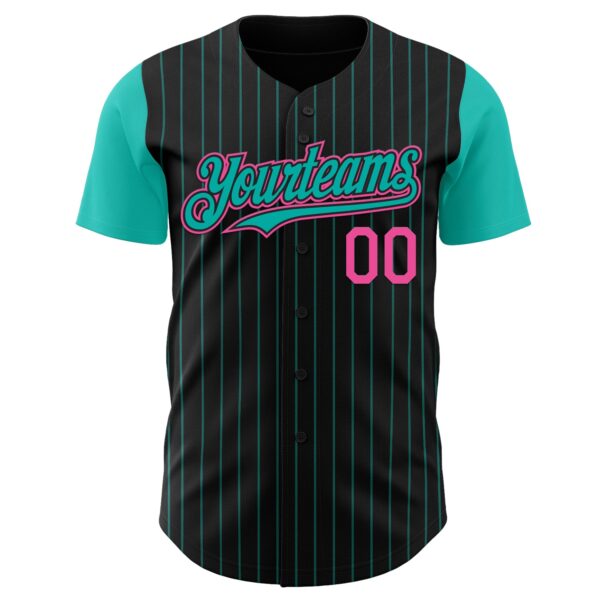 Custom Black Aqua Pinstripe Pink Authentic Two Tone Baseball Jersey