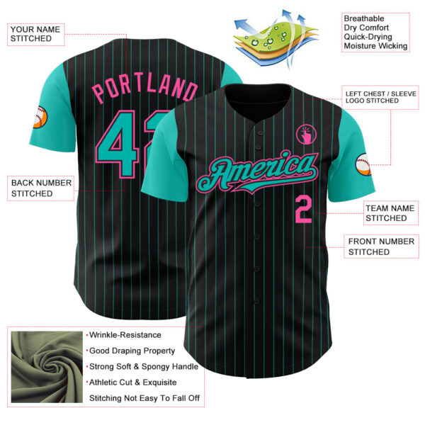 Custom Black Aqua Pinstripe Pink Authentic Two Tone Baseball Jersey