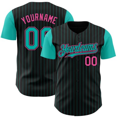 Custom Black Aqua Pinstripe Pink Authentic Two Tone Baseball Jersey