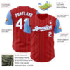 Custom Red Light Blue Pinstripe White Authentic Two Tone Baseball Jersey