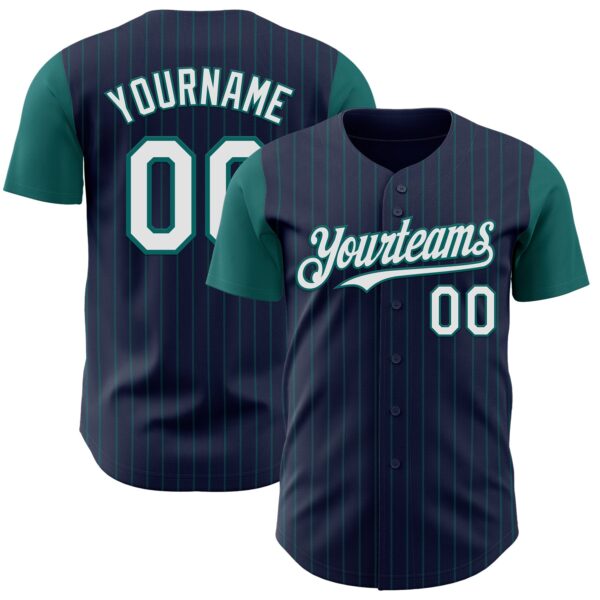 Custom Navy Teal Pinstripe White Authentic Two Tone Baseball Jersey