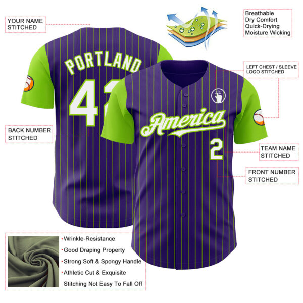 Custom Purple Neon Green Pinstripe White Authentic Two Tone Baseball Jersey