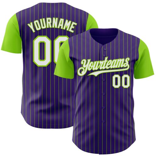 Custom Purple Neon Green Pinstripe White Authentic Two Tone Baseball Jersey