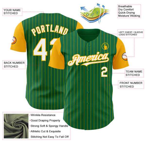 Custom Kelly Green Gold Pinstripe White Authentic Two Tone Baseball Jersey