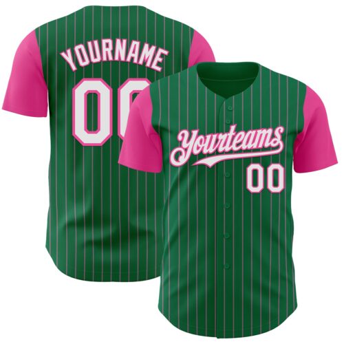 Custom Kelly Green Pink Pinstripe White Authentic Two Tone Baseball Jersey