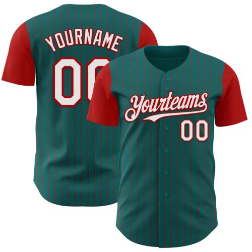Custom Teal Red Pinstripe White Authentic Two Tone Baseball Jersey