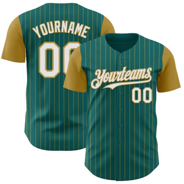 Custom Teal Old Gold Pinstripe White Authentic Two Tone Baseball Jersey