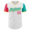 Custom White Neon Pink Aqua-Gold Authentic Two Tone Baseball Jersey