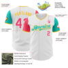 Custom White Neon Pink Aqua-Gold Authentic Two Tone Baseball Jersey
