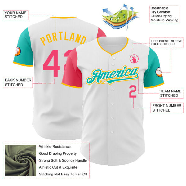 Custom White Neon Pink Aqua-Gold Authentic Two Tone Baseball Jersey