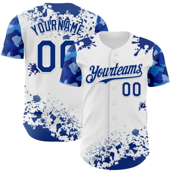 Custom White Royal Splatter Camo Two Tone Authentic Baseball Jersey