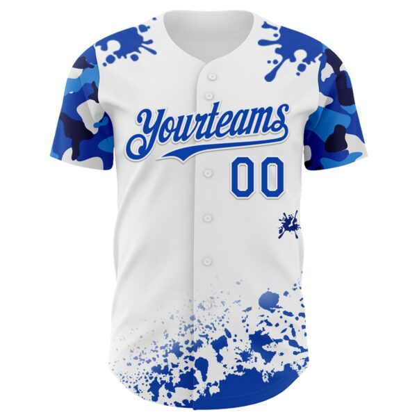 Custom White Thunder Blue Splatter Camo Two Tone Authentic Baseball Jersey