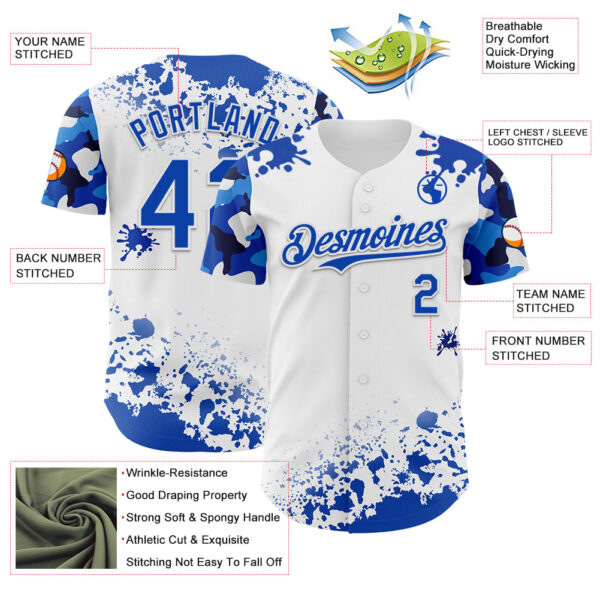 Custom White Thunder Blue Splatter Camo Two Tone Authentic Baseball Jersey