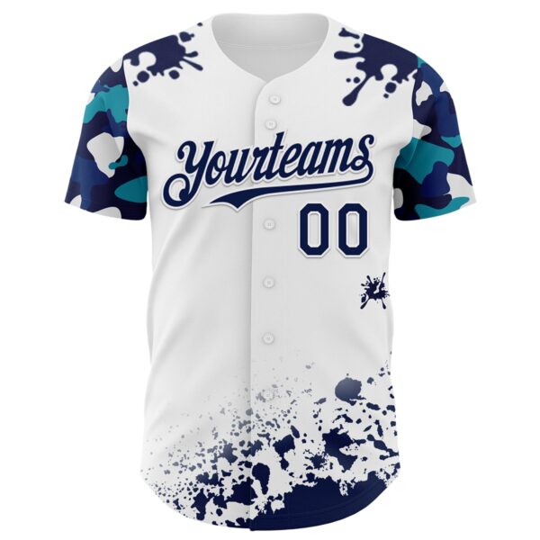 Custom White Navy-Teal Splatter Camo Two Tone Authentic Baseball Jersey
