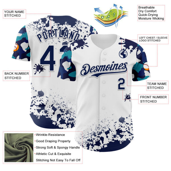 Custom White Navy-Teal Splatter Camo Two Tone Authentic Baseball Jersey