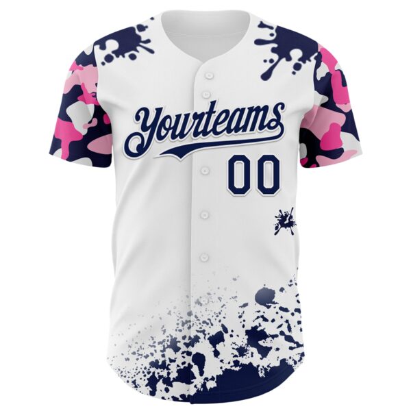 Custom White Navy-Pink Splatter Camo Two Tone Authentic Baseball Jersey